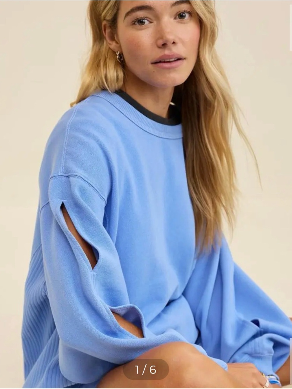 aerie Tres Chic Keyhole Light Blue Crewneck Sweater with Split-Sleeve Detail